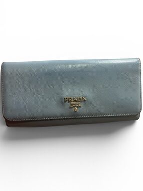 Prada Light Blue Saffiano Leather Continental Wallet with Gold Logo